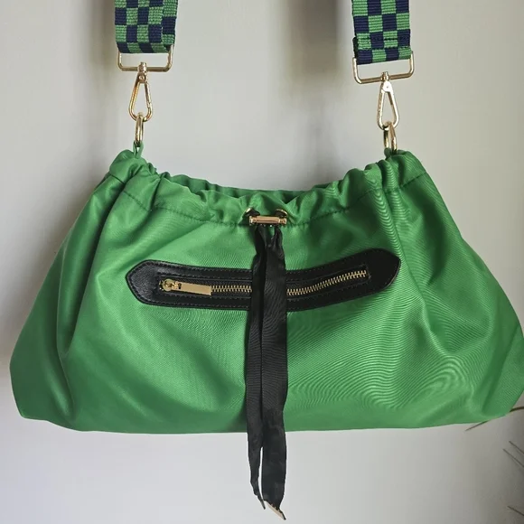 AhDorned, Kelly Green Drawstring Nylon Plaid Guitar Strap Crossbody Bag Tote - Picture 2 of 10